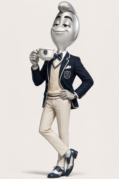 Thurston the spoon mascot raising a crested teacup, one hand on his hip