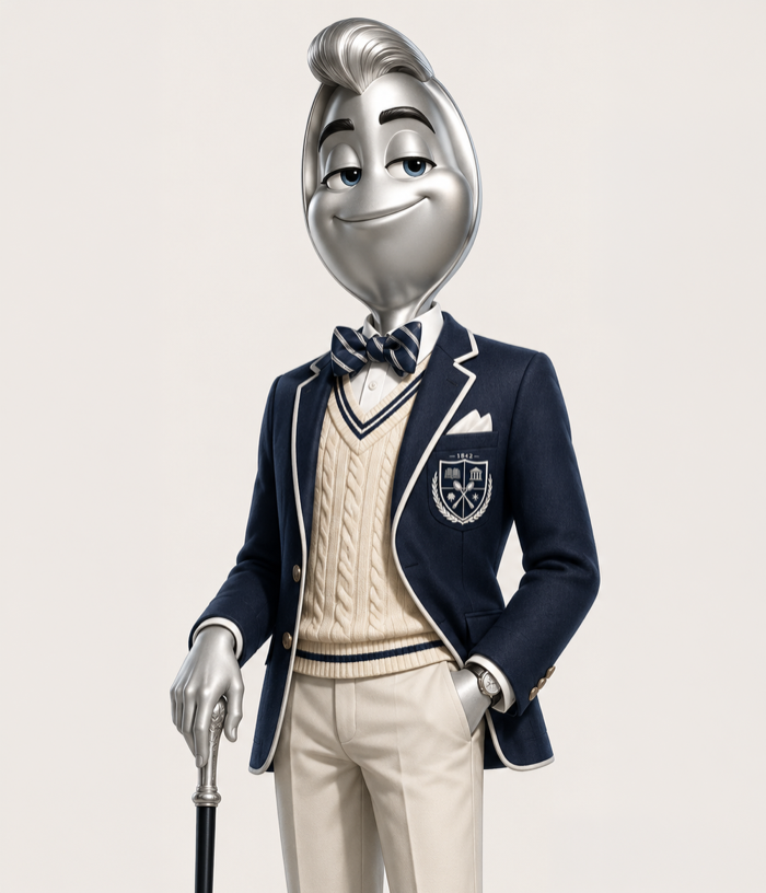Official portrait of Thurston Howell IV, the Sterling Spoons mascot: a polished silver spoon in a navy blazer with the university crest, cream cable-knit sweater, and striped bow tie, one hand resting on a silver-handled cane